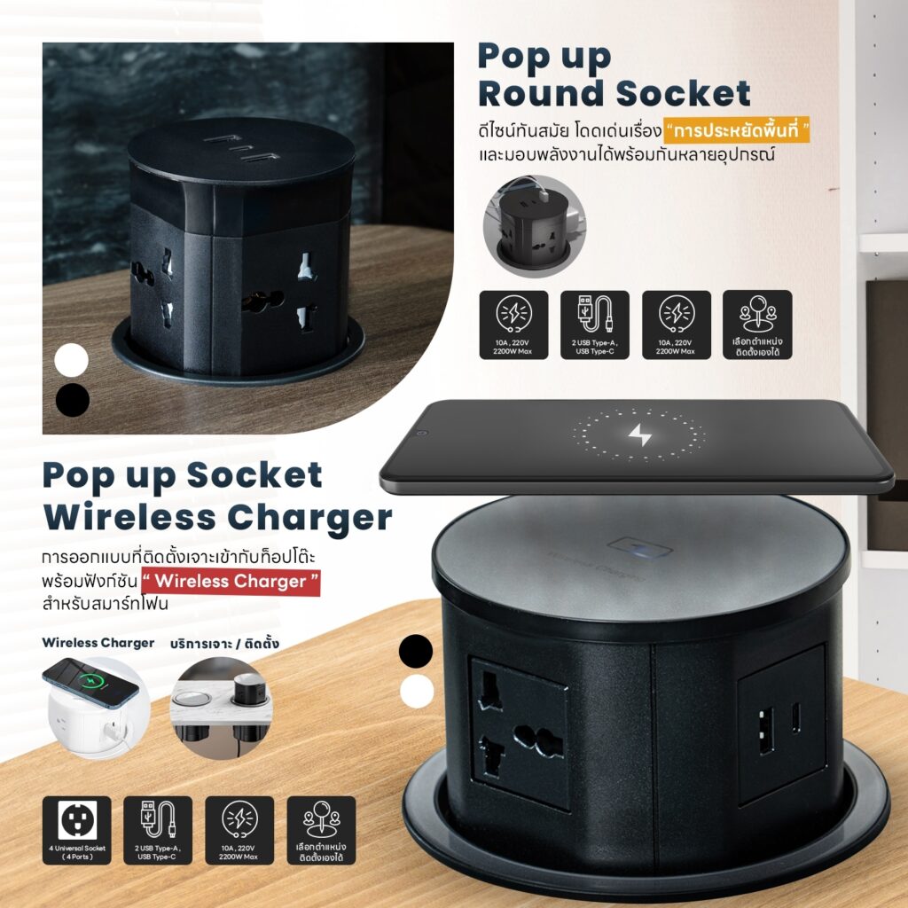 ปลั๊กไฟฝังโต๊ะ DeskSpace Pop up Round Socket ดีไซน์มินิมอล
